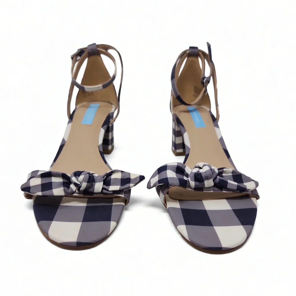 Draper James Gingham Block Heel Sandals Open Toe Knot Ankle Strap Size 8.5